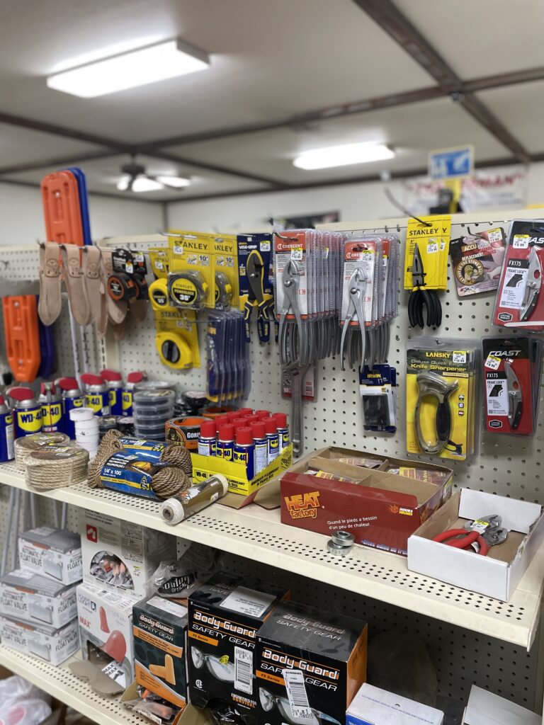 Pliers, Plier holders, wd-40, measuring tape, ear plugs, safety glasses, pocket knives, knife sharpeners, thread tape, etc.